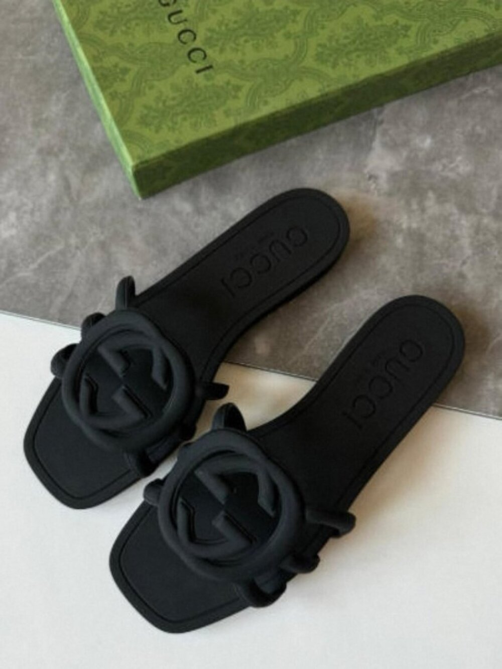Gucci Interlocking G Cutout Black Rubber Slide Sandals